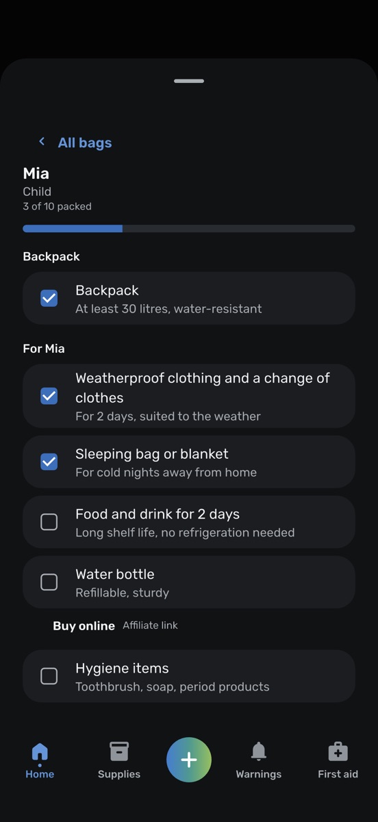 The packing list of one household member in the app: the bag itself and the items for that person, each with a box to tick off
