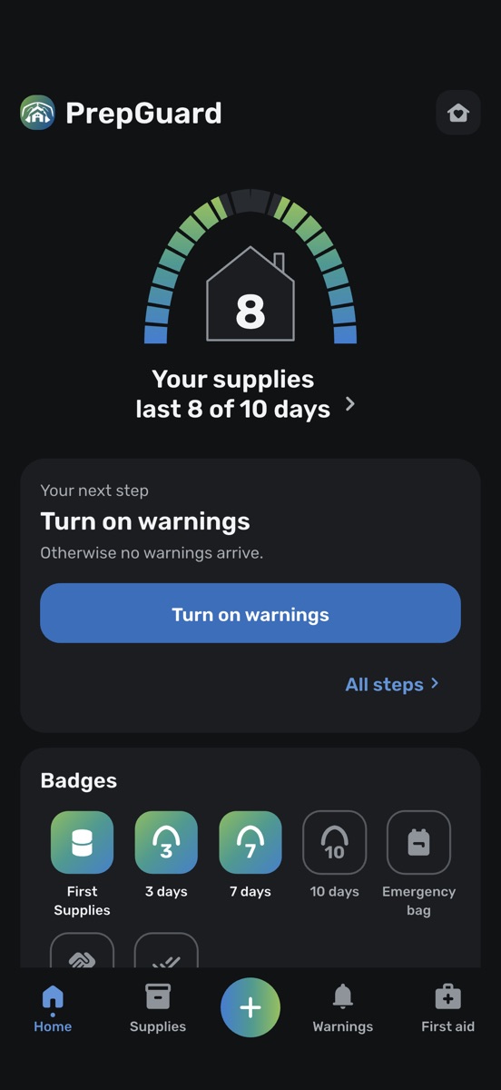 Home screen of the app: the arc showing how many days your supplies last, with your next step below