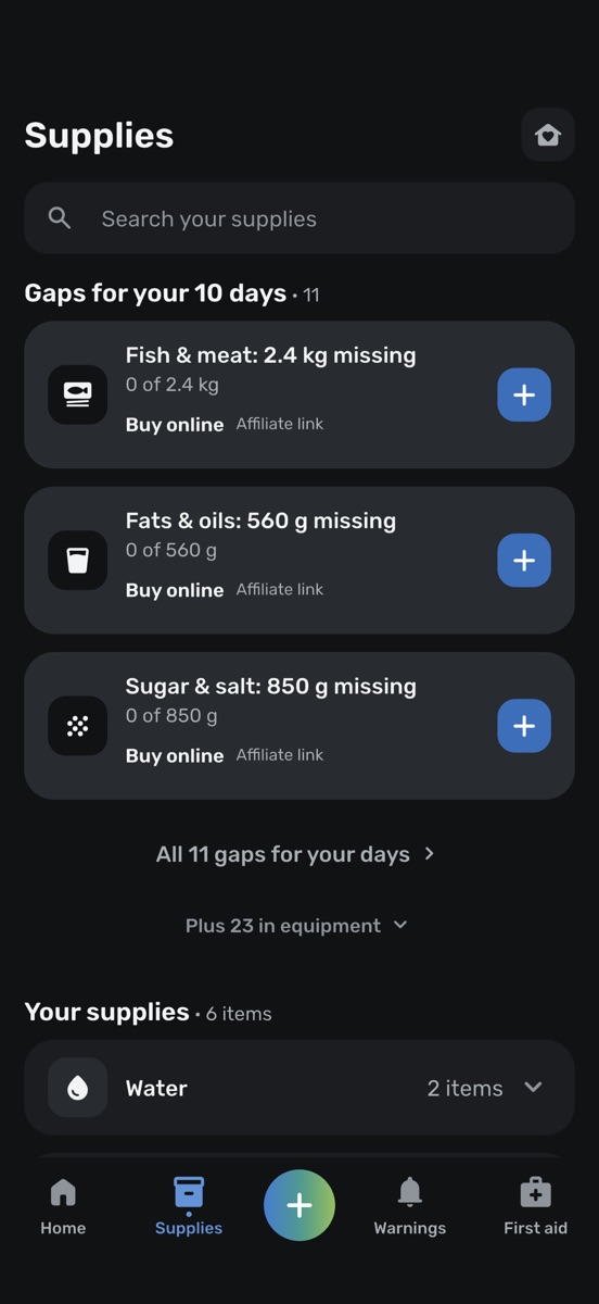 The “Supplies” screen of the app: a list of what is still missing for your days, each entry with the missing amount and a button to add it